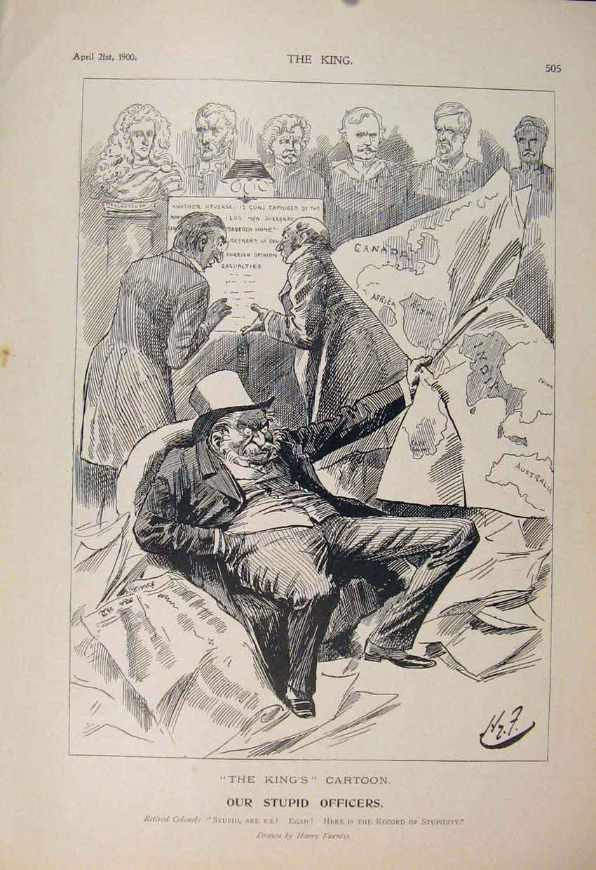 Original Old Antique Print Cartoon Stupid Officers Colonel Furniss 1900 20th