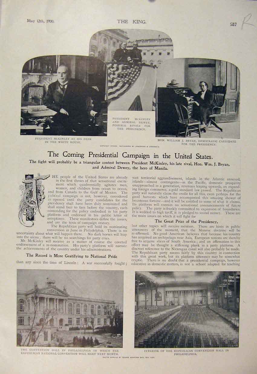 Old Antique Print United States Presidential Campaign Mckinley Bryan 1900 20th
