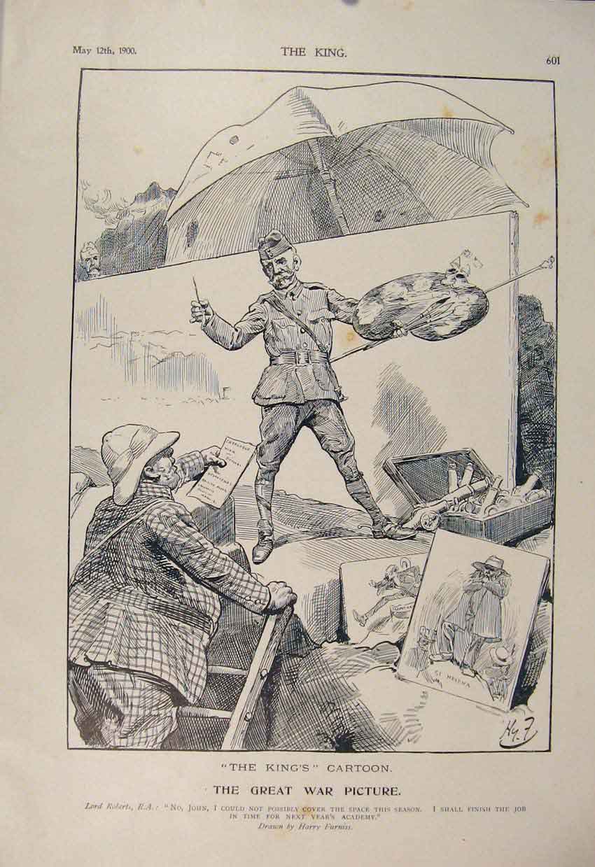 Original Old Antique Print Cartoon Furniss Roberts Boer War Africa 1900 Picture