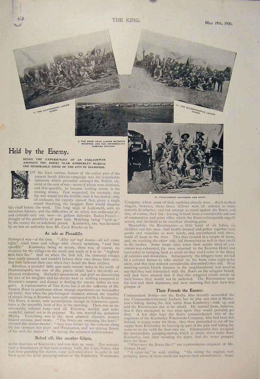 Original Old Antique Print Boer War Africa 1900 Guard Laager Diamonds Kimberley
