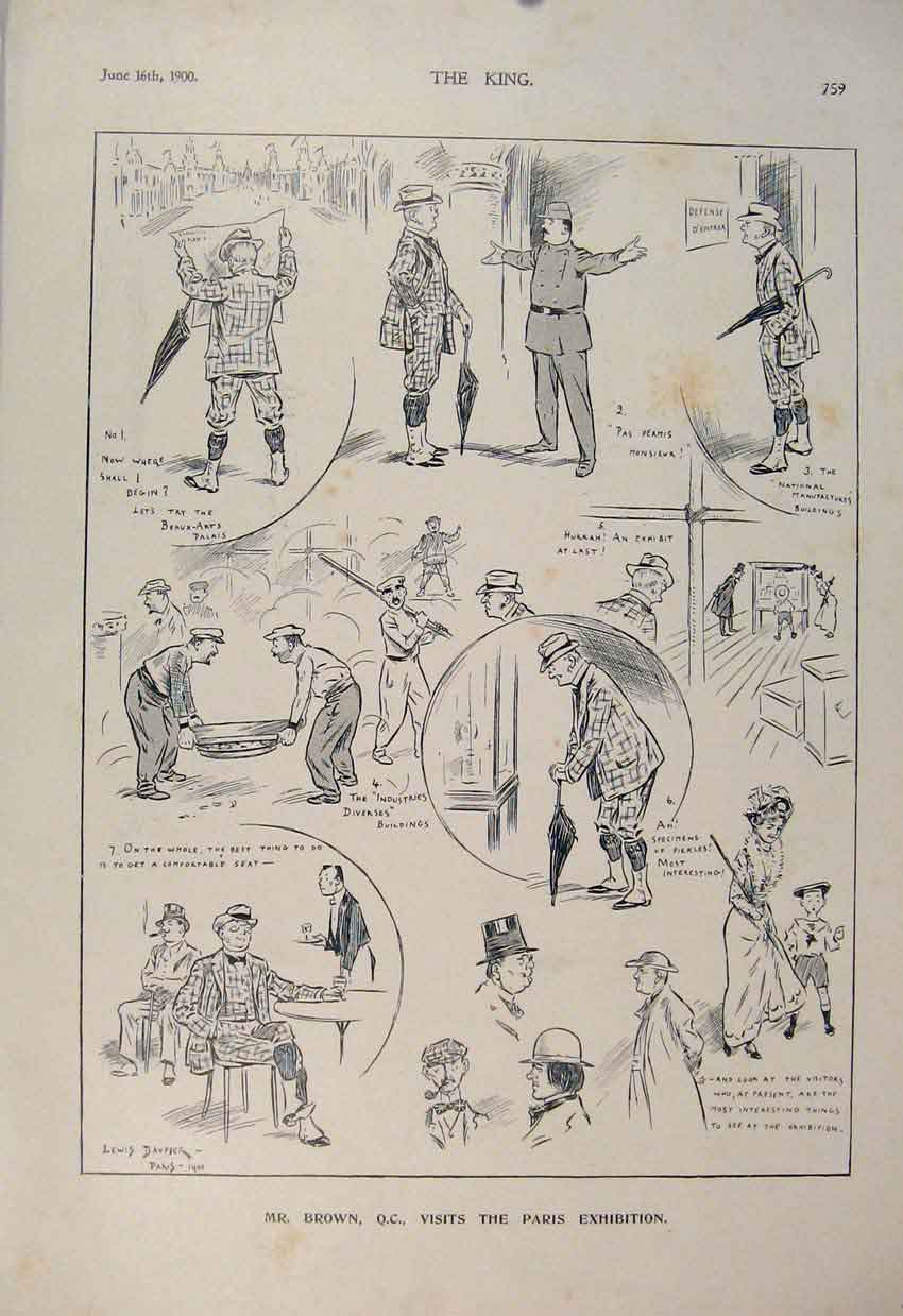 Original Old Antique Print Brown Paris Exhibition Sketches Sketch 1900 Victorian