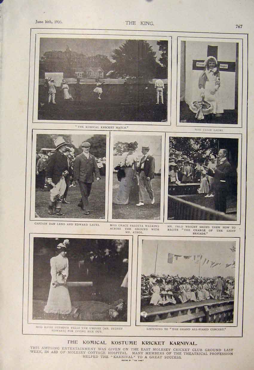 Original Old Antique Print Cricket Match Comedy Comical Carnival Moseley 1900