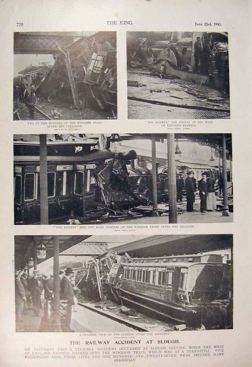 Original Old Antique Print Railway Accident Slough Station Windsor Train Kennet