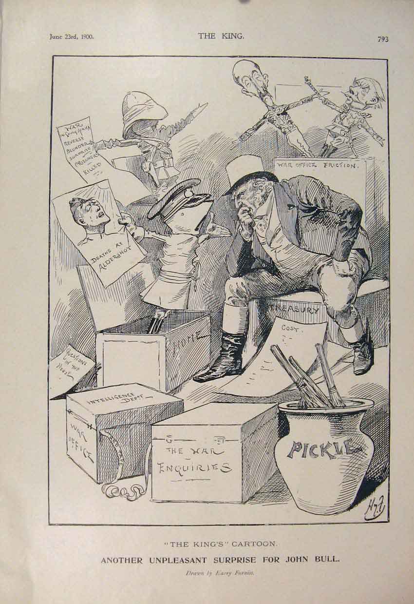 Original Old Antique Print Cartoon John Bull Boer War Africa 1900 Sketch Furniss