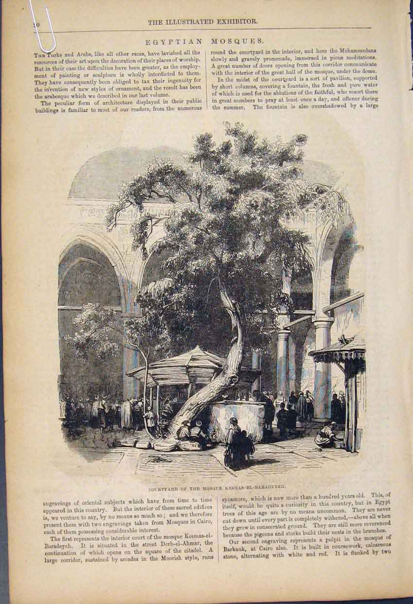 Original Old Antique Print Egyptian Mosques Courtyard Fine Art 1852 Victorian