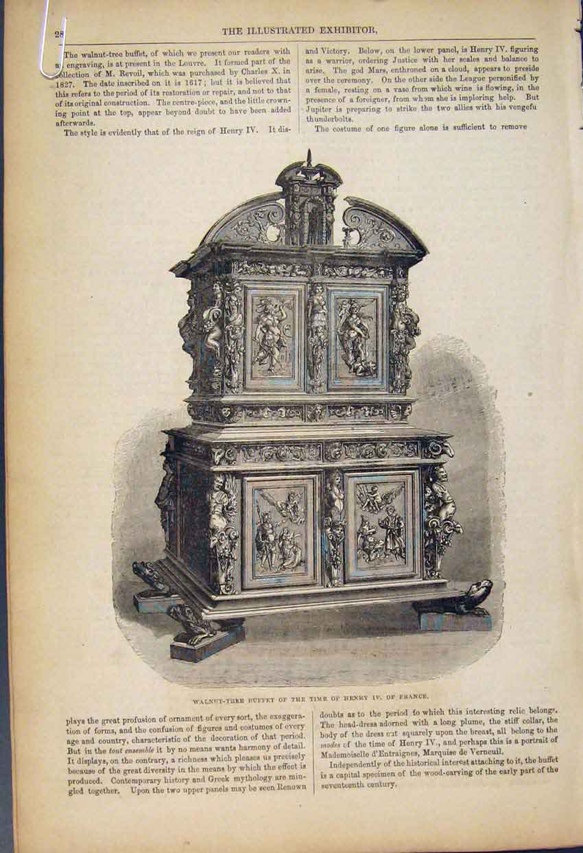 Original Old Antique Print Walnut Tree Buffet France Clock Stasbourg C1852 19th