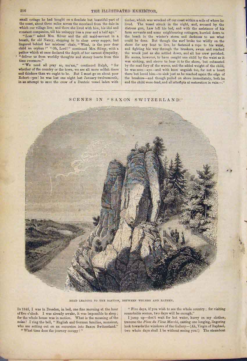 Original Old Antique Print Scenes Saxon Switzerland Bastion Road Bastion C1852