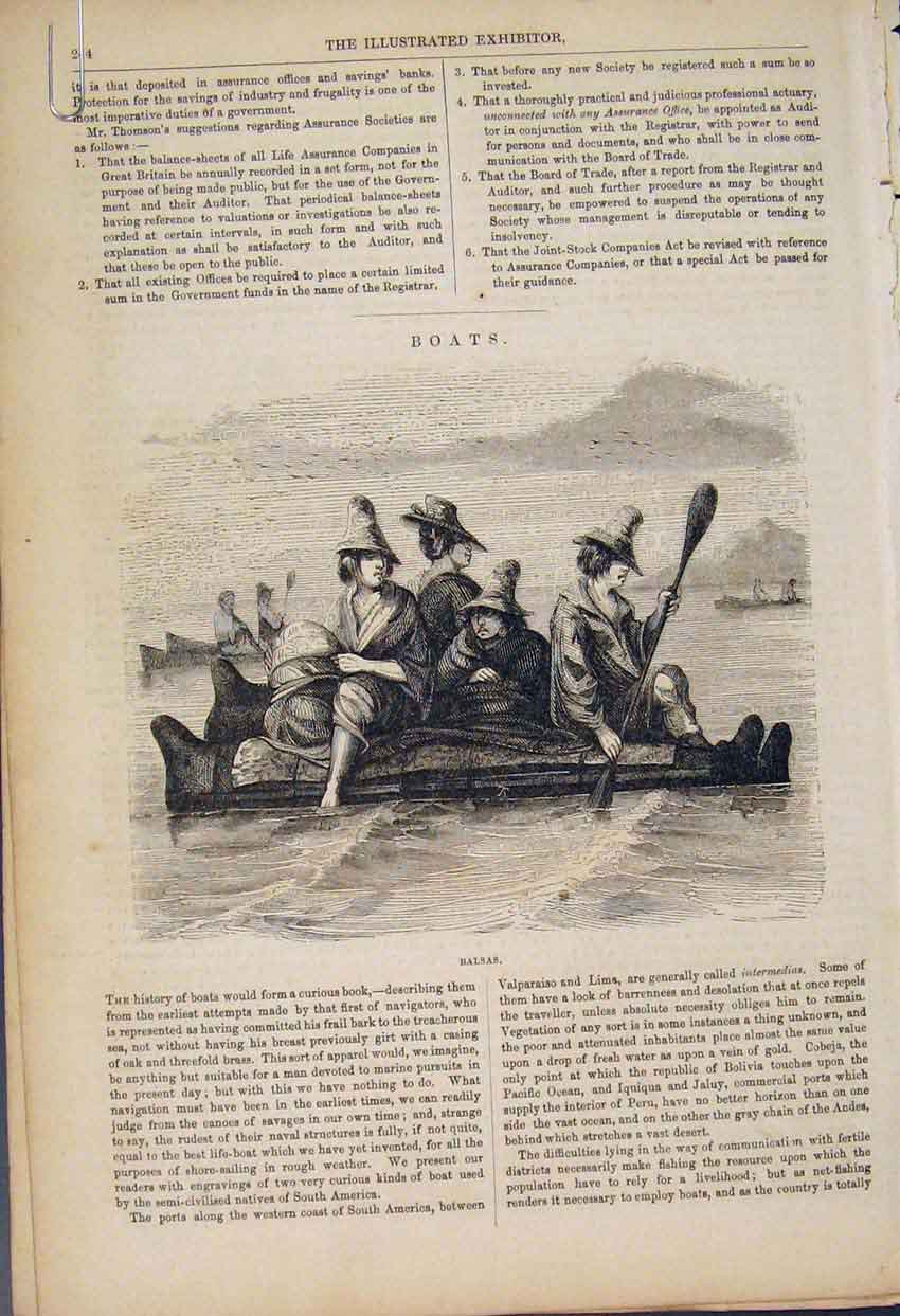 Original Old Antique Print Boats Balsas Cavallito Straw Boat Coast Peru