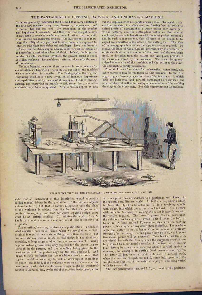 Original Old Antique Print Pantagraphic Carving Cutting Eengraving C1852 19th