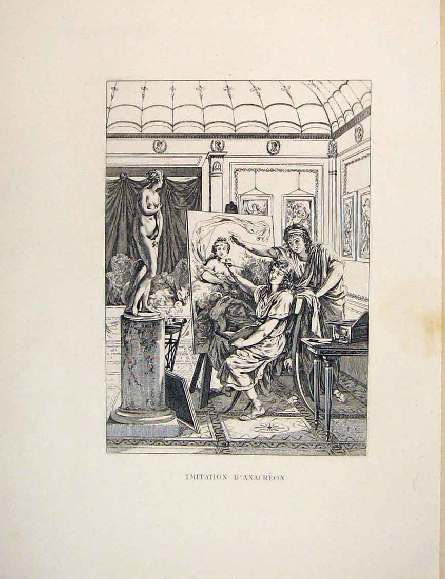 Original Old Antique Print Iris Anacreon Statue Artist Fontaine Etching 1883