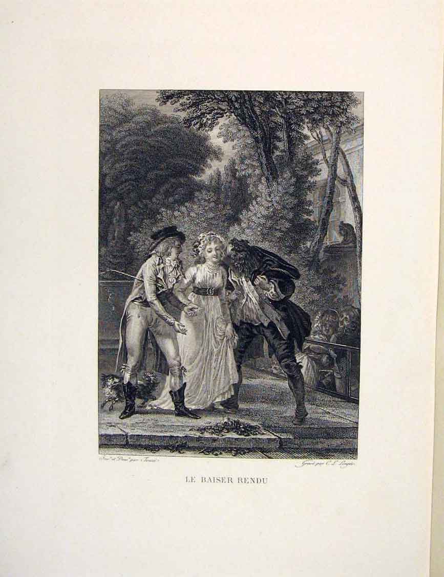 Original Old Antique Print Admirers Suitors Lady Men Fontaine Etching 1883 19th