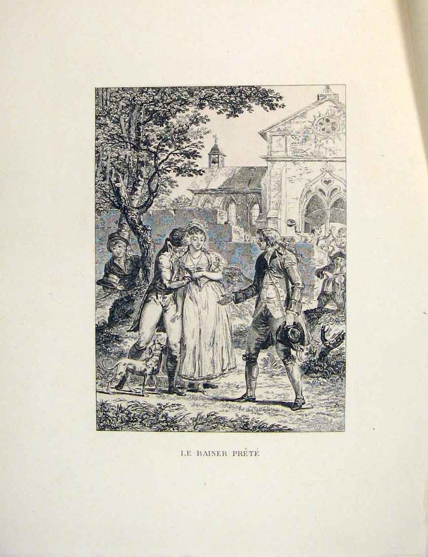 Original Old Antique Print Pretty Lady Men Suitors Admirer Fontaine Etching 1883