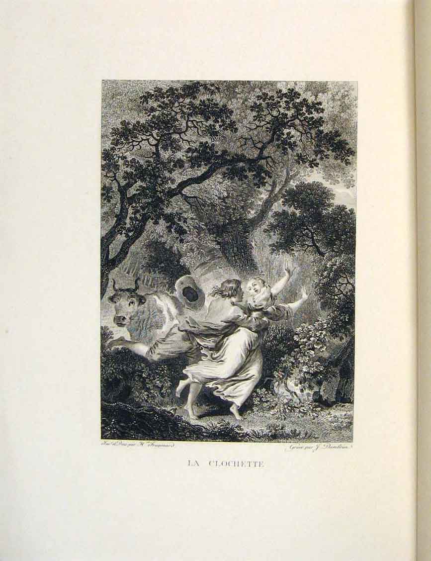 Original Old Antique Print Rescue Cow Forest Maiden Fontaine Etching 1883 19th