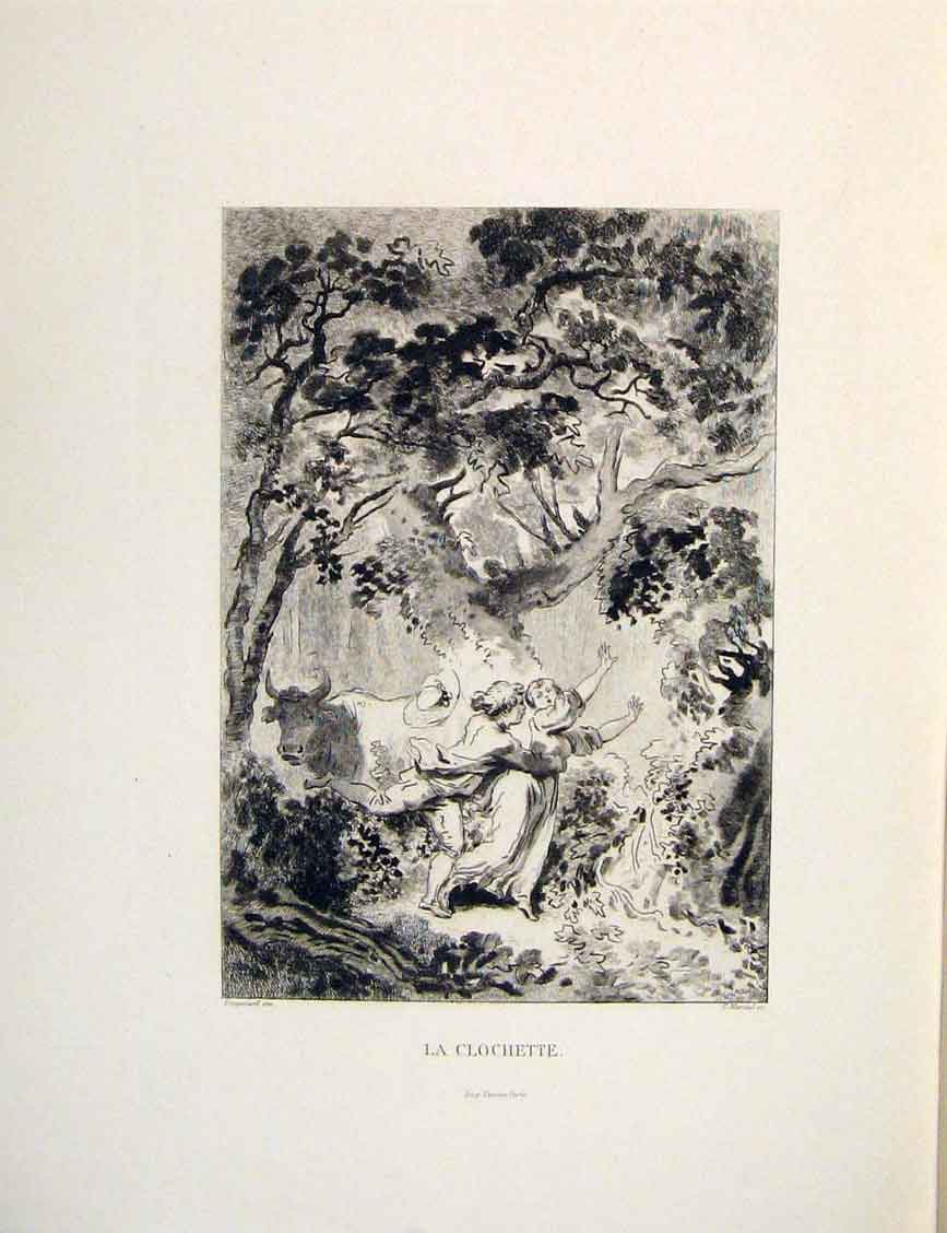 Original Old Antique Print Clochette Cow Bull Forest Fontaine Etching 1883 19th