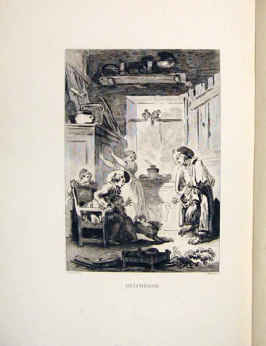 Original Old Antique Print Belphegor Beast-Man Fontaine Etching 1883 Victorian