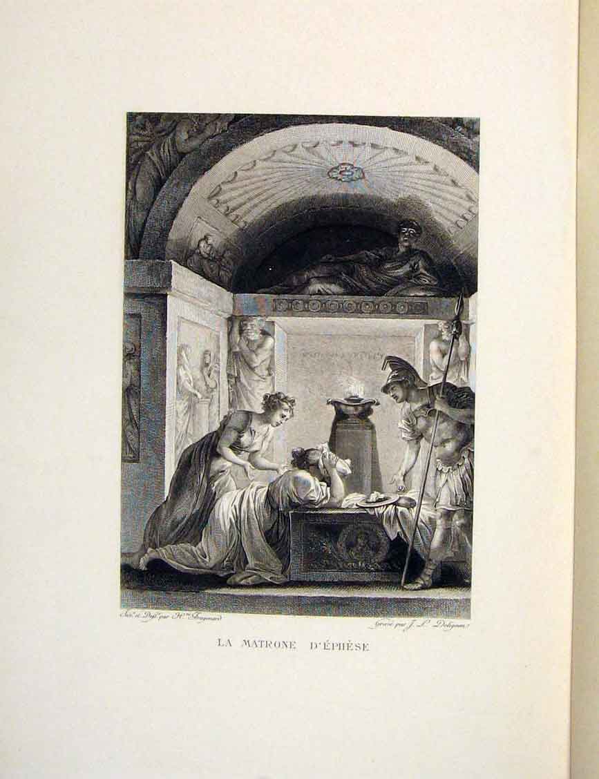 Original Old Antique Print Ephese Crying Matron Lady Fontaine Etching 1883 19th