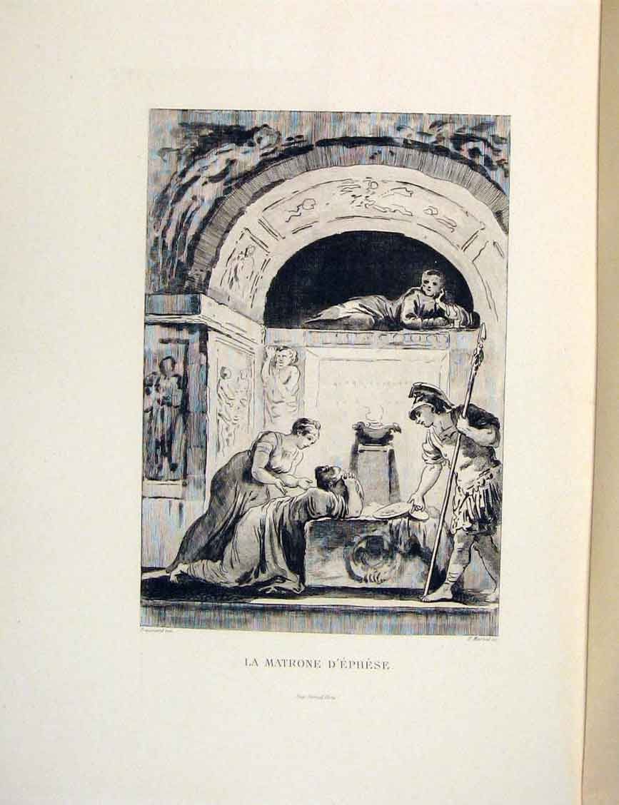 Original Old Antique Print Ephesus Matrone D'Ephese Fontaine Etching 1883 19th