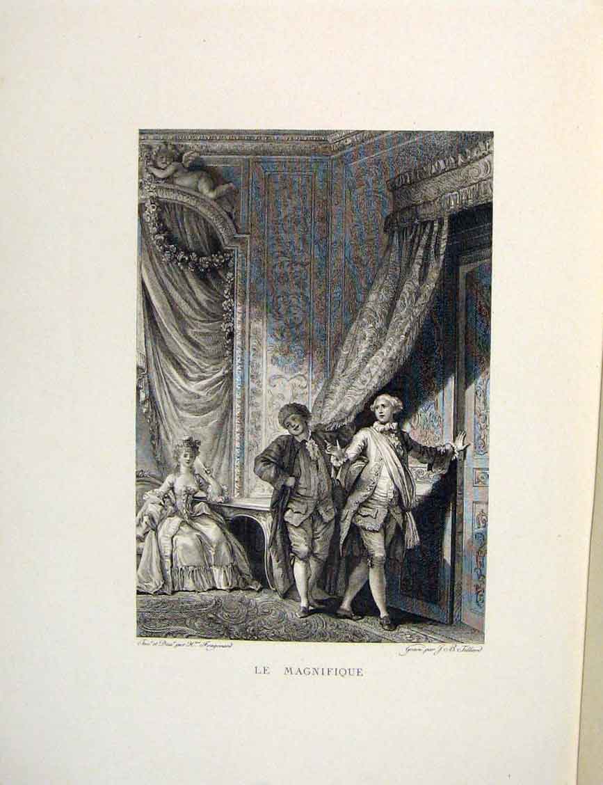 Original Old Antique Print Magnificent Lady Beautiful Men Fontaine Etching 1883