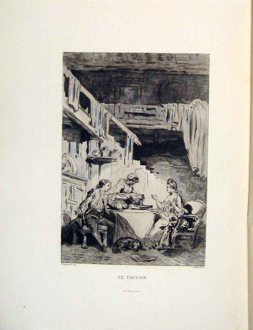 Original Old Antique Print Falcon Hawk Man Fontaine Etching 1883 19th
