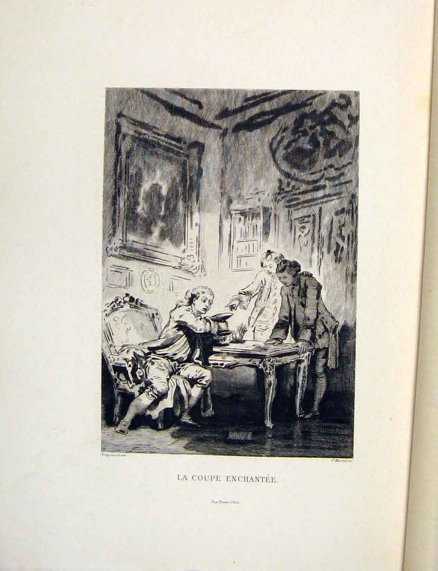 Original Old Antique Print Enchantment Cup Man Lady Fontaine Etching 1883 19th