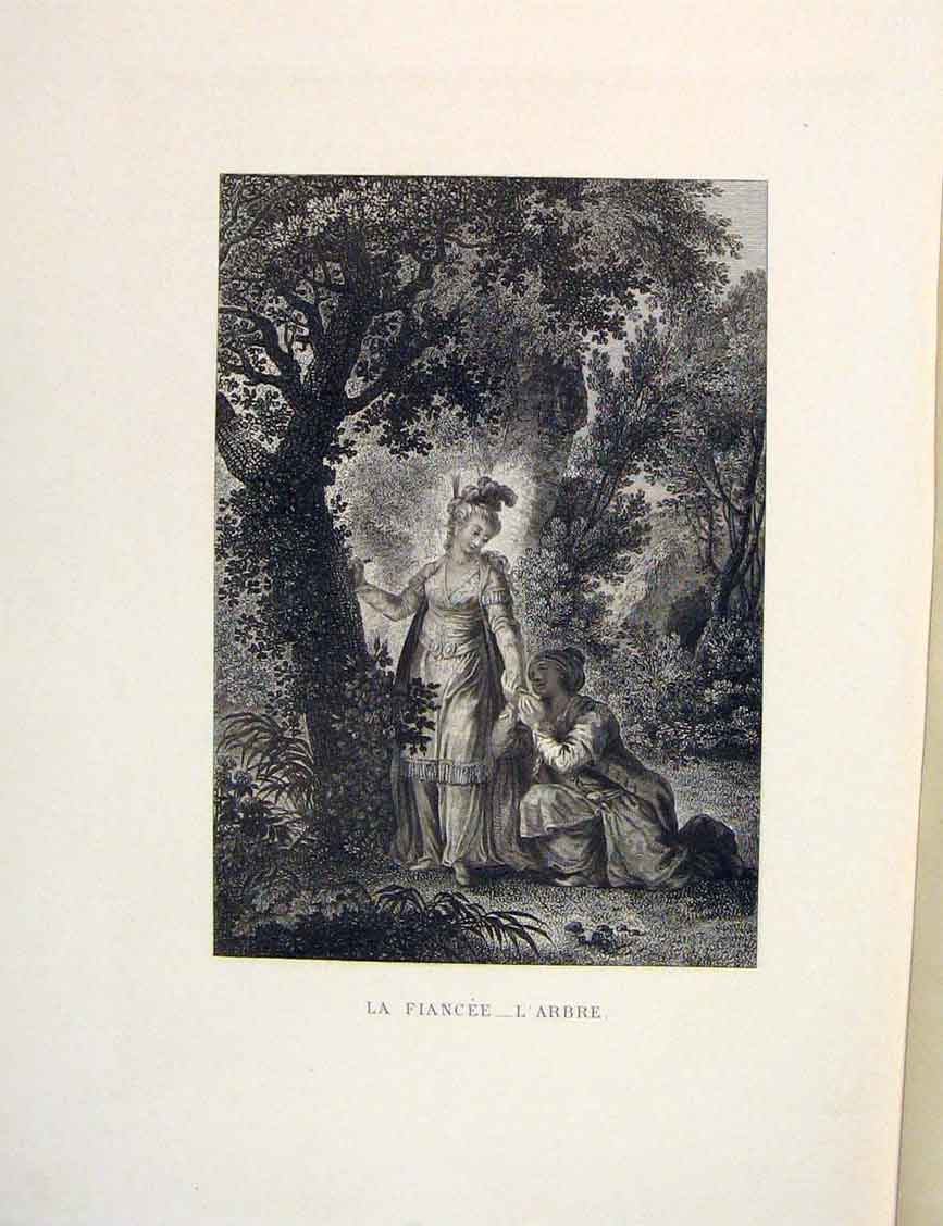 Original Old Antique Print Lady Fiancee Forest Man Fontaine Etching 1883 19th