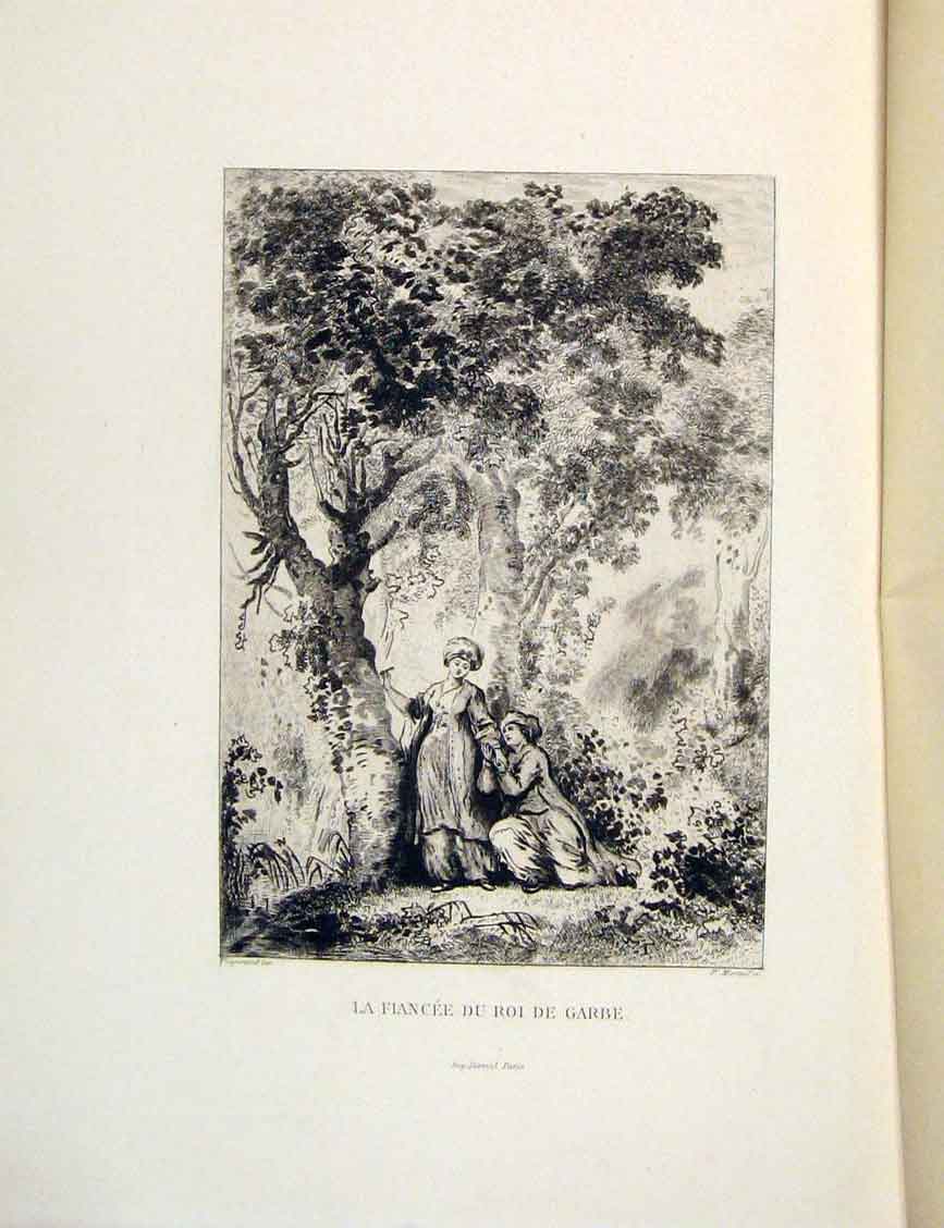 Original Old Antique Print Forest Fiancee Lovers Fontaine Etching 1883 Victorian