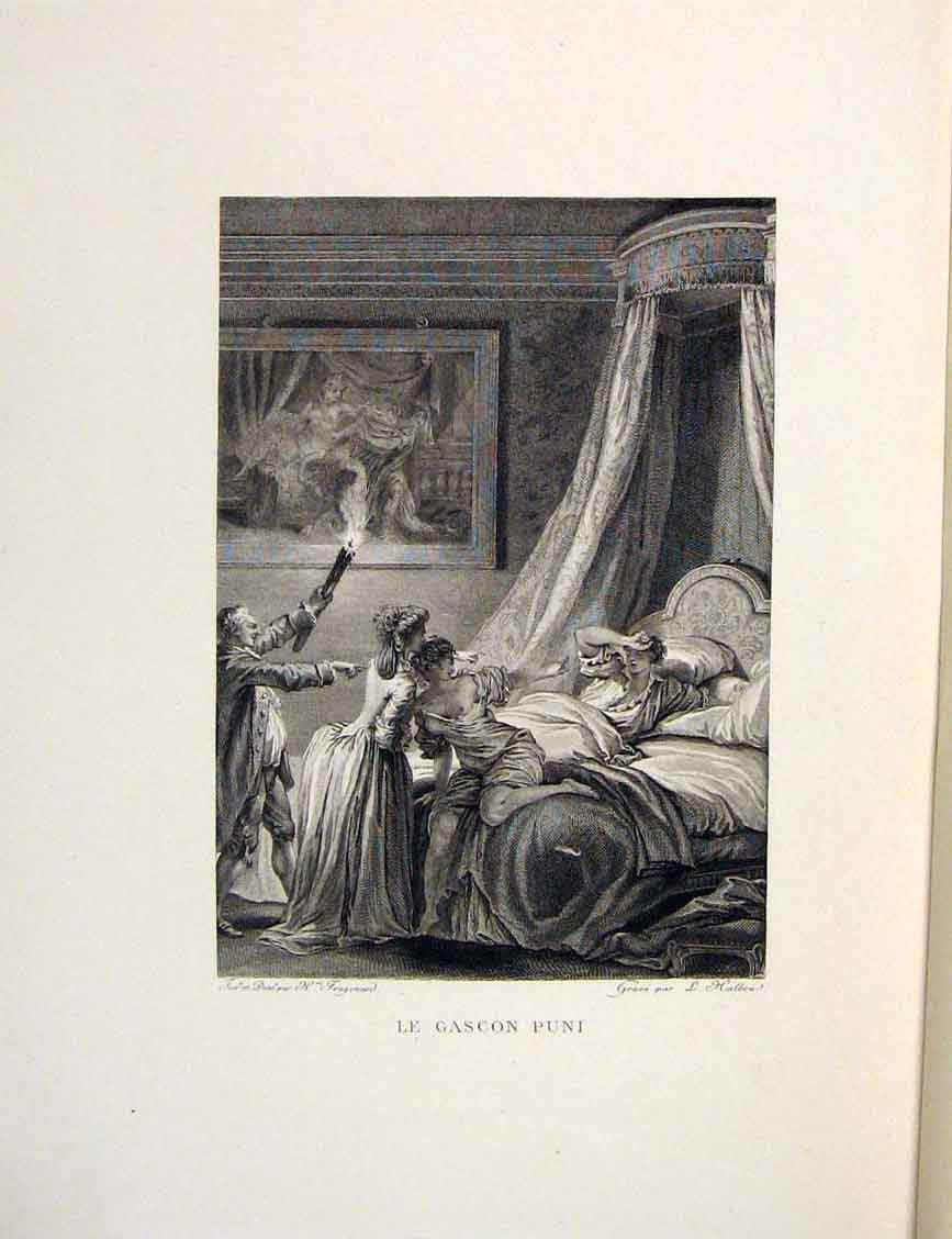 Original Old Antique Print Punishment Gascon Bedroom Fontaine Etching 1883 19th