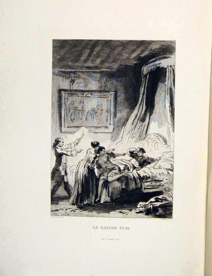 Original Old Antique Print Gascon Puni Boy Bed Lady Fontaine Etching 1883 19th