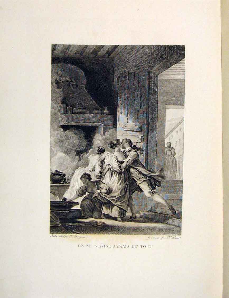 Original Old Antique Print Farewell Kiss Goodbye Fontaine Etching 1883 Victorian