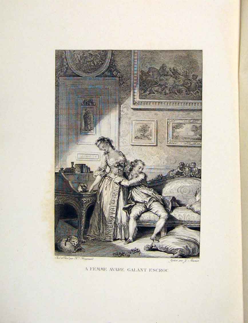 Original Old Antique Print Lady Man Galant Escroc Fontaine Etching 1883 French