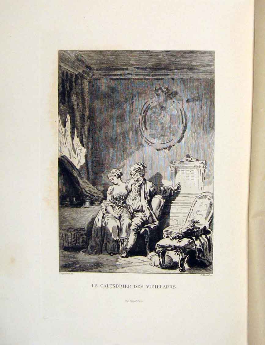 Old Antique Print Lady Man Cat Calendar Vieillards Fontaine Etching 1883 19th
