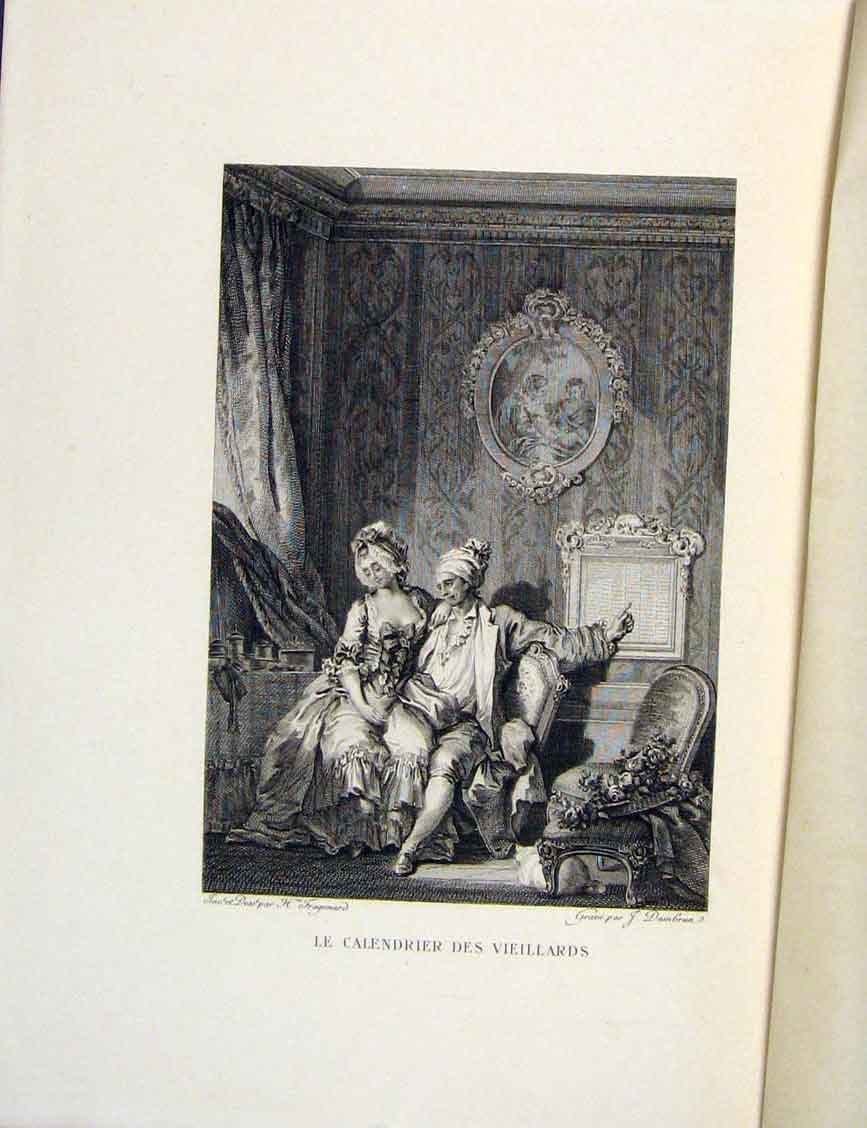 Original Old Antique Print Calendar Vieillards Lady Man Fontaine Etching 1883