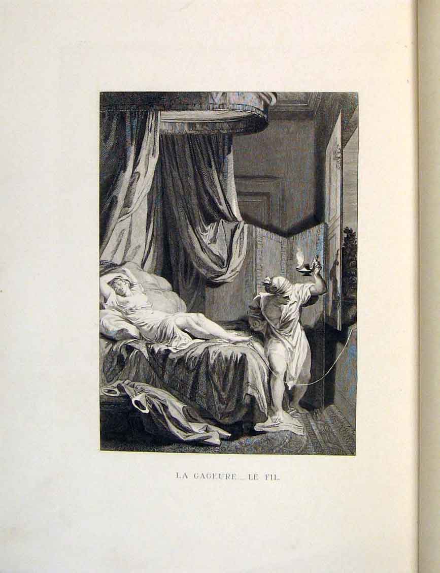 Original Old Antique Print Son Gamble Lady Man Fontaine Etching 1883 Bedroom
