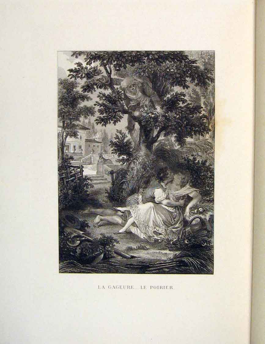 Original Old Antique Print Gambler Voyeur Tree Man Fontaine Etching 1883 19th