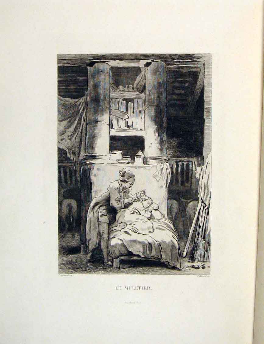 Original Old Antique Print Muletier Mule-Driver Fontaine Etching 1883 Lady 19th