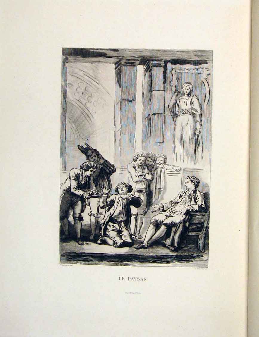 Original Old Antique Print Master Servant Apology Fontaine Etching 1883 19th