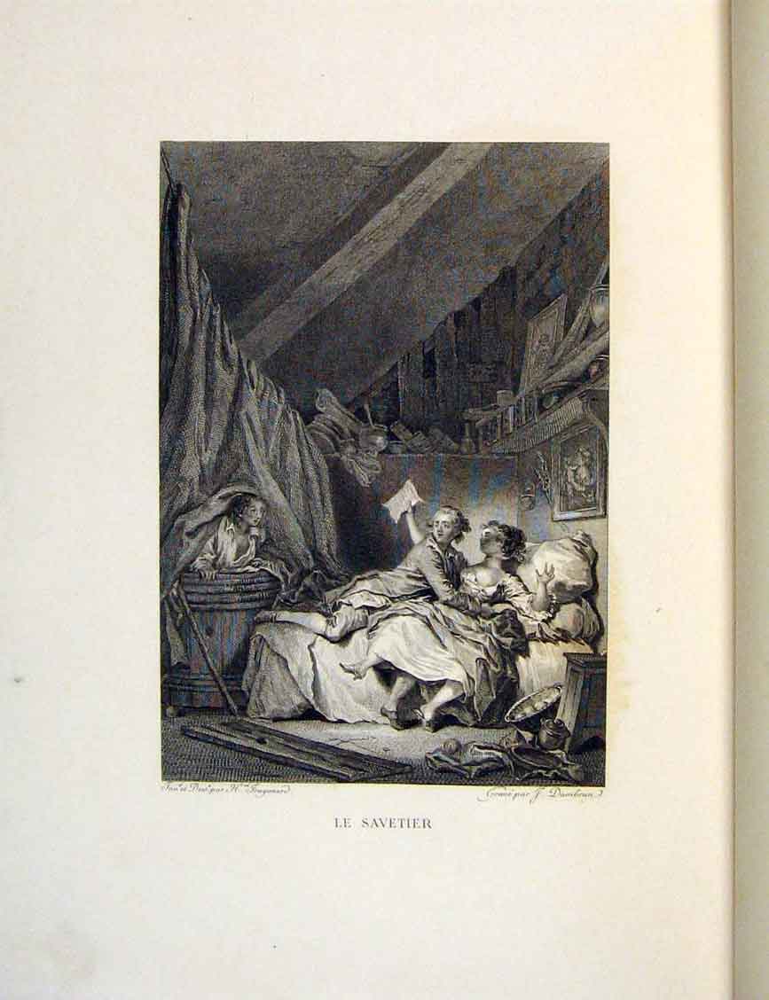 Original Old Antique Print Savetier Bath-Tub Child Fontaine Etching 1883 Lovers
