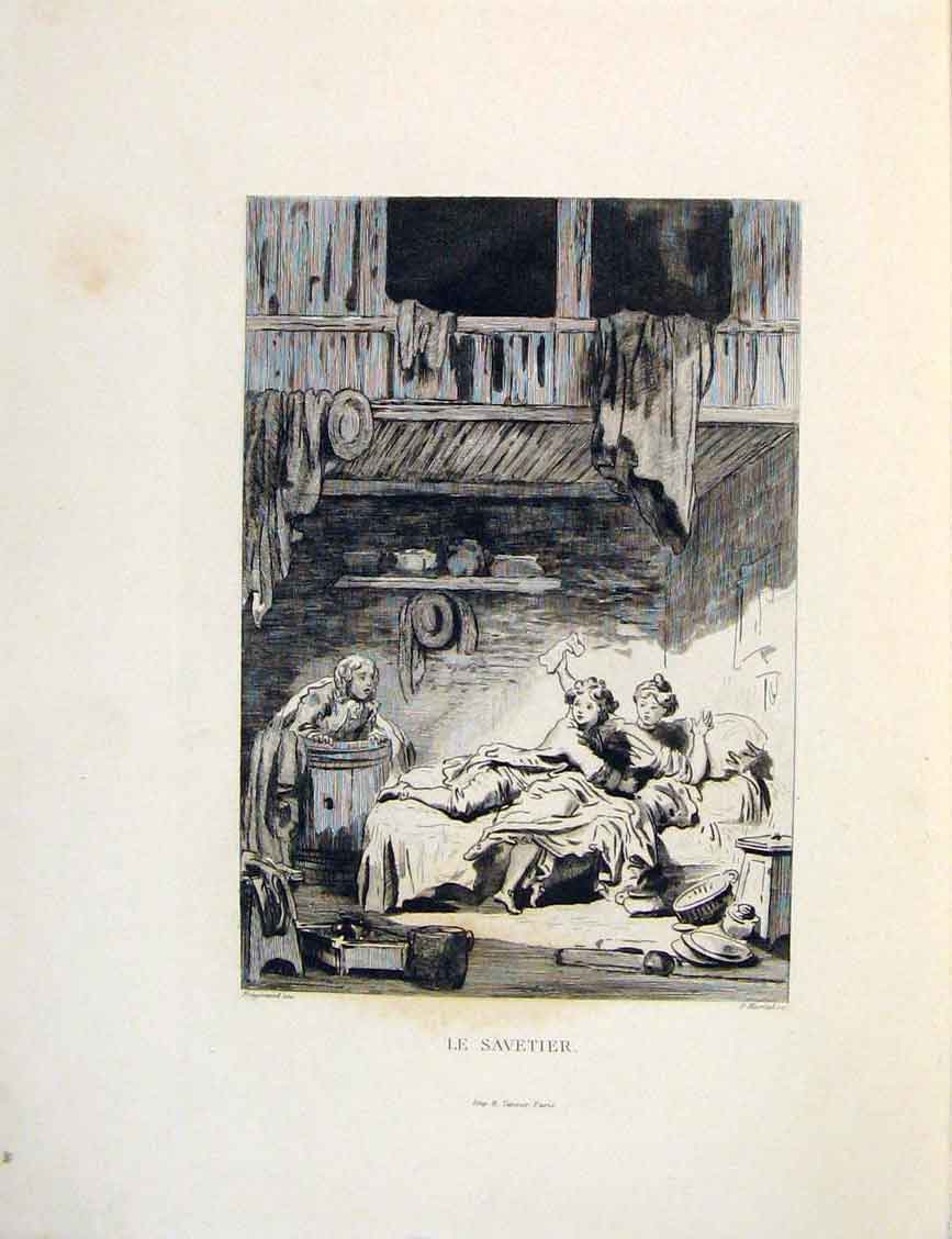 Original Old Antique Print Bath-Tub Fragonard Child Fontaine Etching 1883 19th