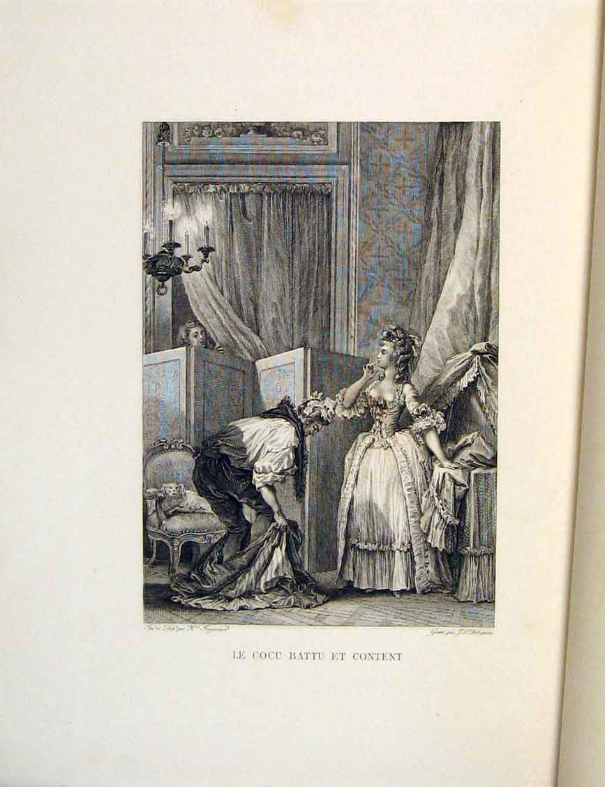 Original Old Antique Print Mari Cocu Battu Et Content Fontaine Etching 1883 19th