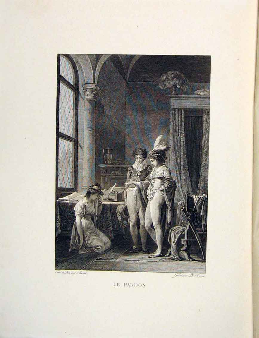 Original Old Antique Print Joconde Pardon Mallet Apology Fontaine Etching 1883