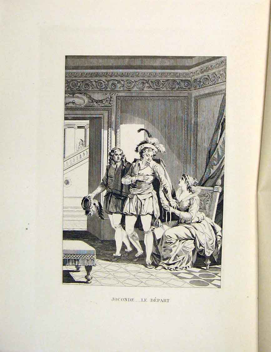 Original Old Antique Print Joconde Farewell Departure Fontaine Etching 1883 19th