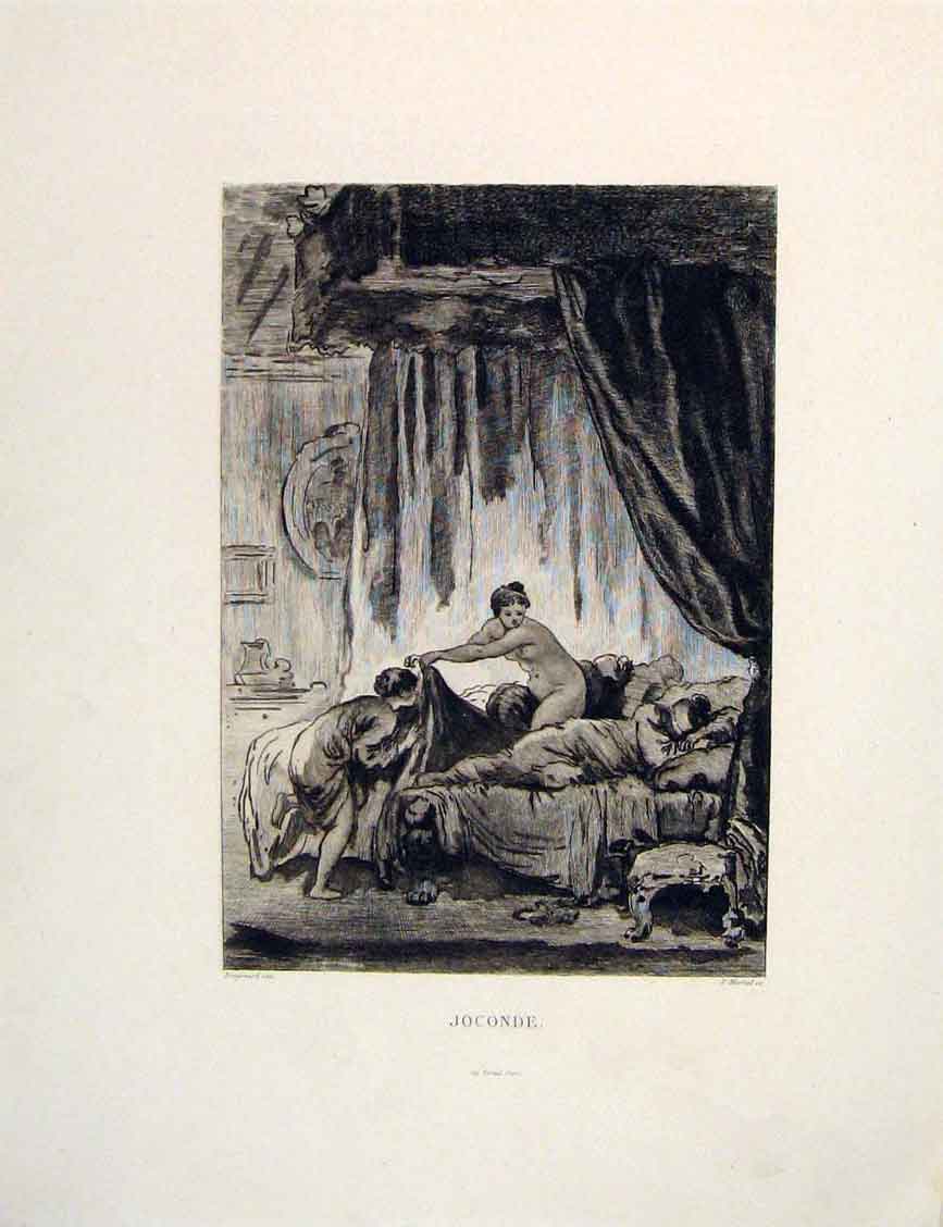 Old Antique Print Joconde Fragonard Bedroom Bed Martial Fontaine Etching