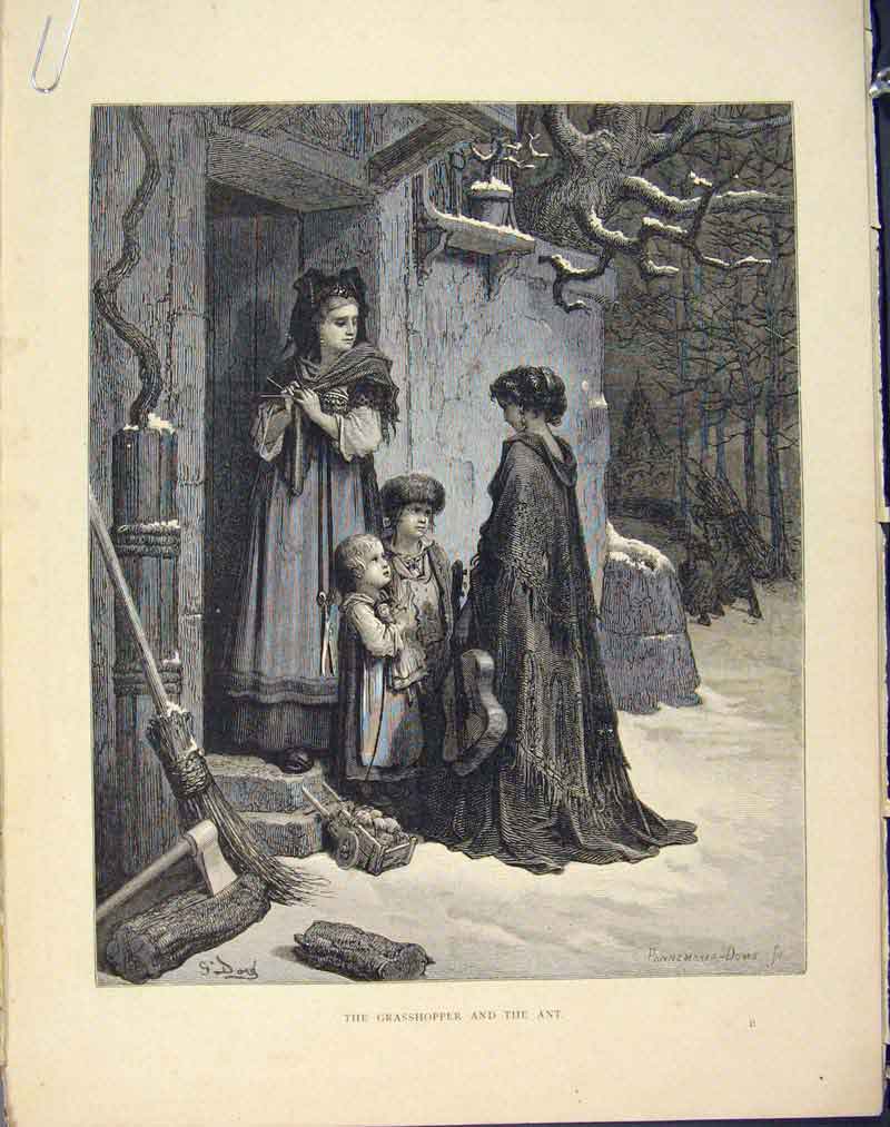 Original Old Antique Print Aesop Fable I Grasshopper Ant Story Image Art
