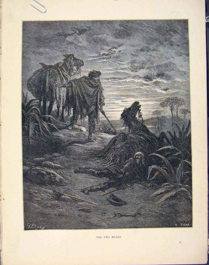 Original Old Antique Print Two Mules Aesop Fable Iv Story Image