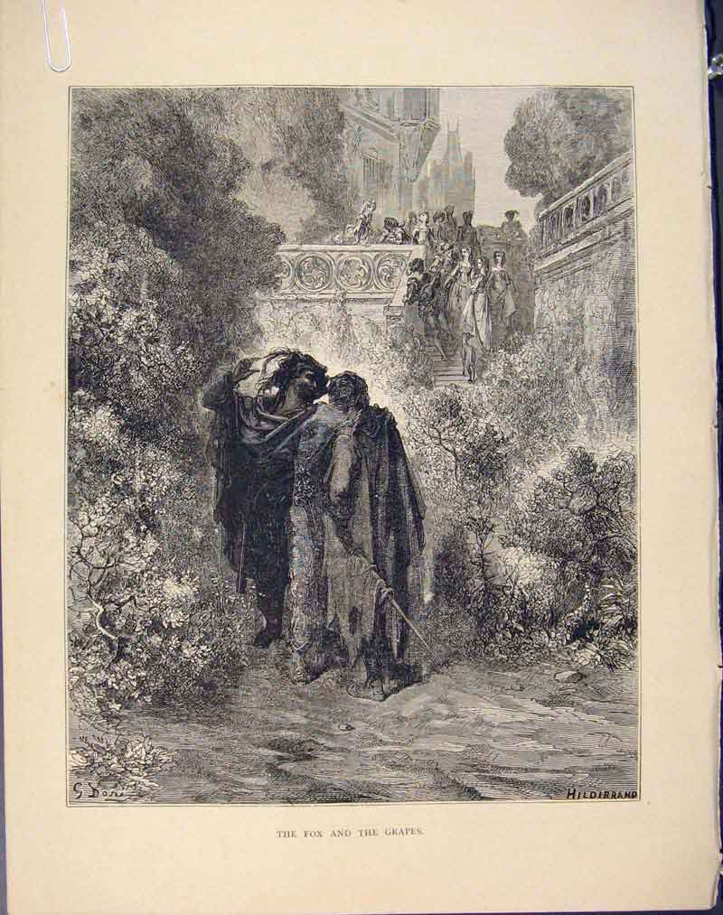 Original Old Antique Print Fox Grapes Story Image Aesop Fable Xli Child