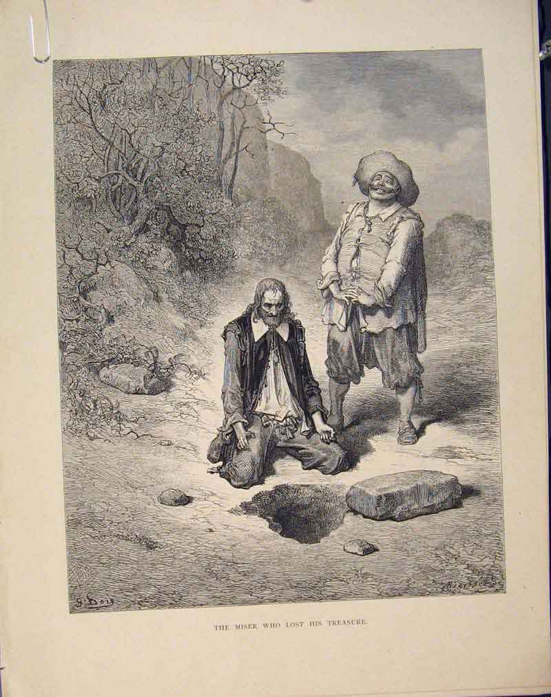 Original Old Antique Print C1868 Aesop Fable Lvii Miser Treasure Lost Victorian