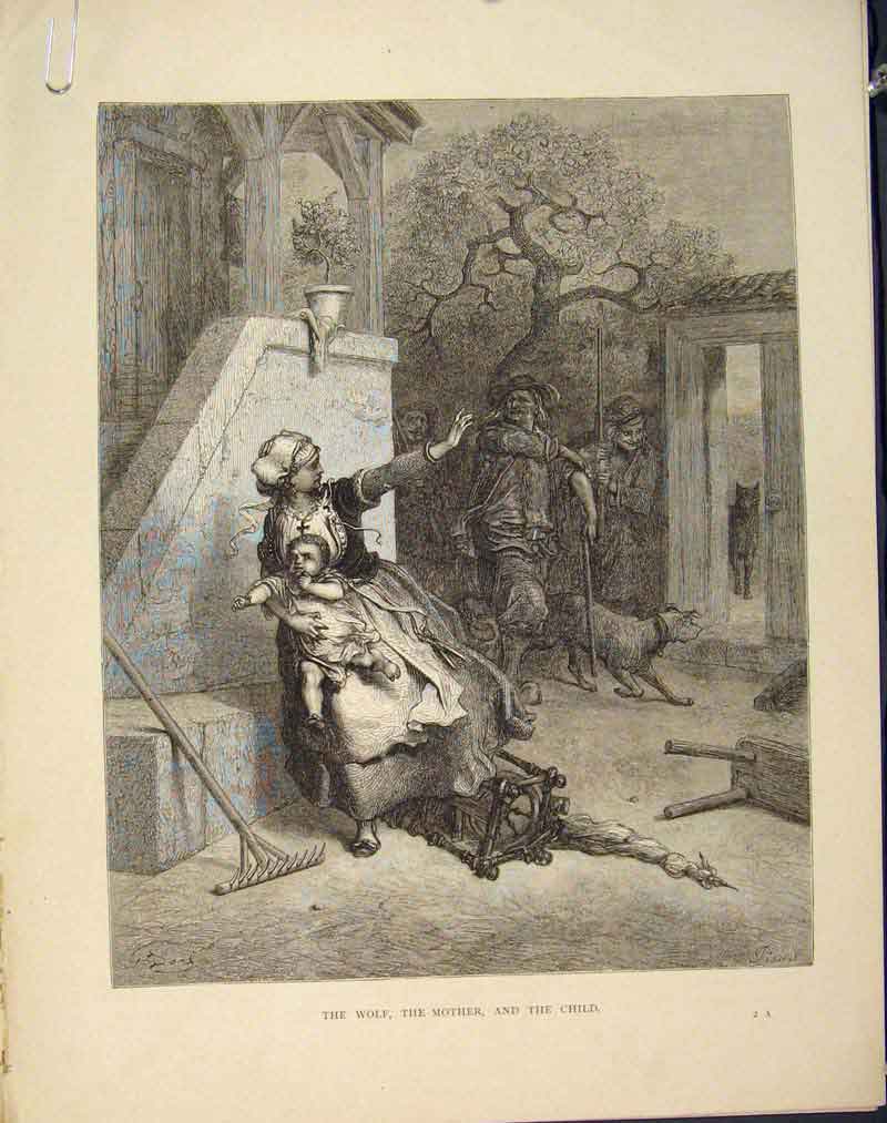 Original Old Antique Print Wolf Mother Child Aesop Fable Lxiv C1896 Art 19th
