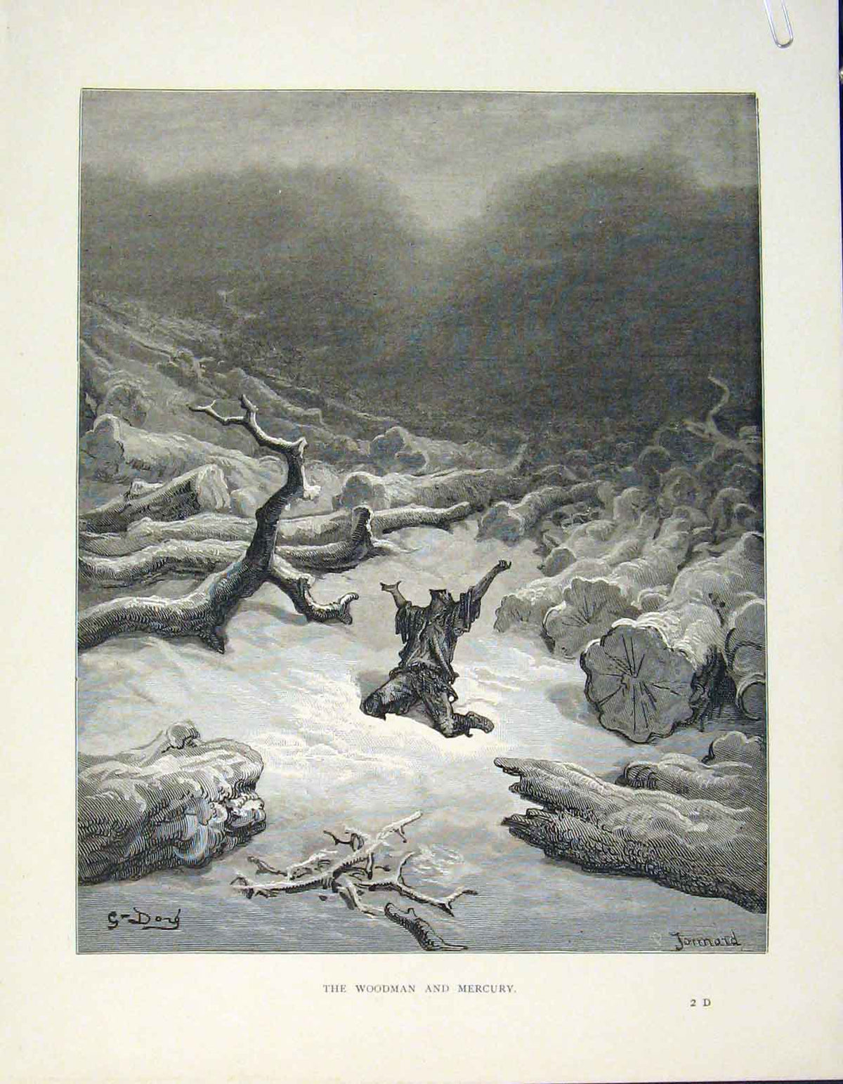 Original Old Antique Print Woodman Mercury Aesop Fable Lxxi C1868 19th