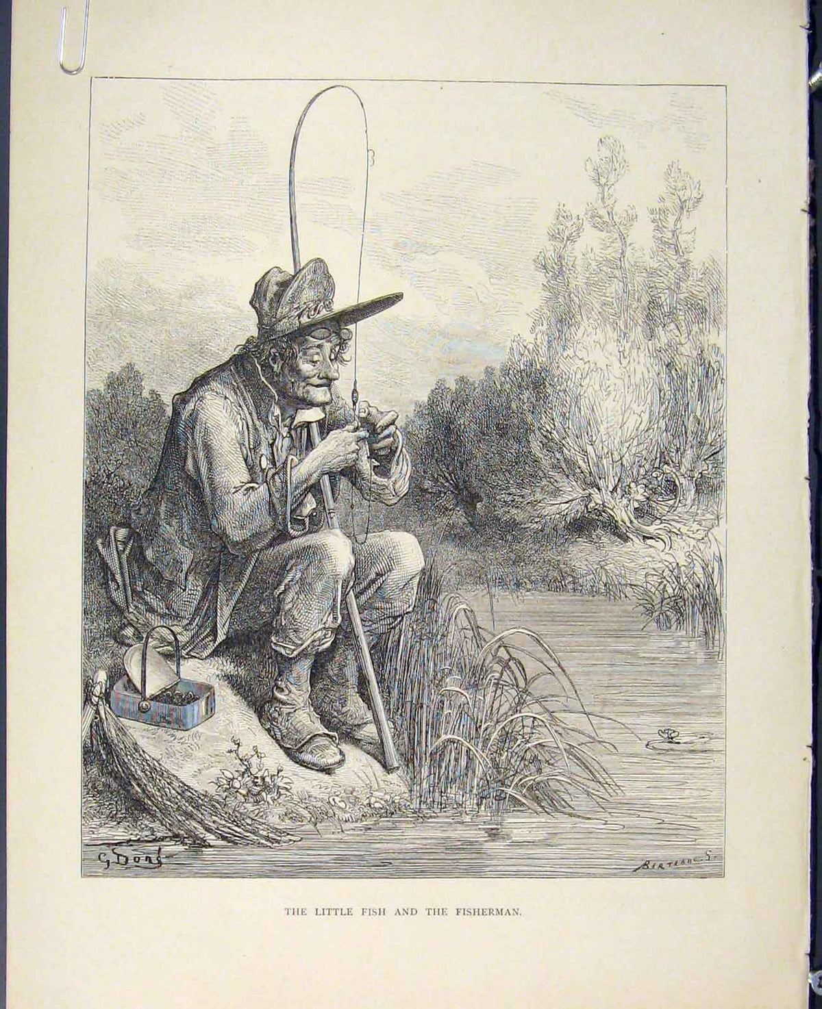 Original Old Antique Print Aesop Fable Lxxv Little Fish Fisherman Story