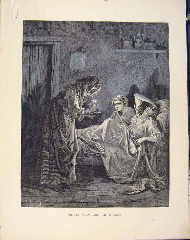 Original Old Antique Print Aesop Fable Lxxix Woman Servants C1868 Story 19th